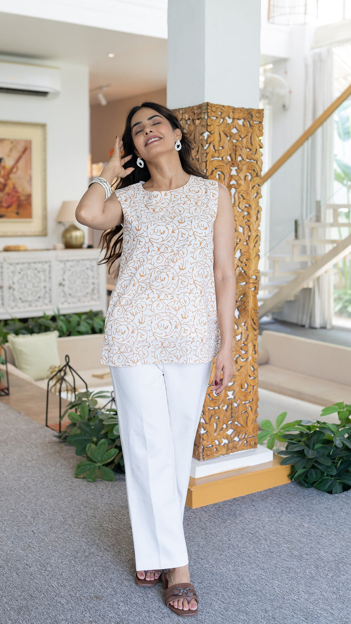 Saanjh Ivory White Hand Block Cotton Top Style Kurti