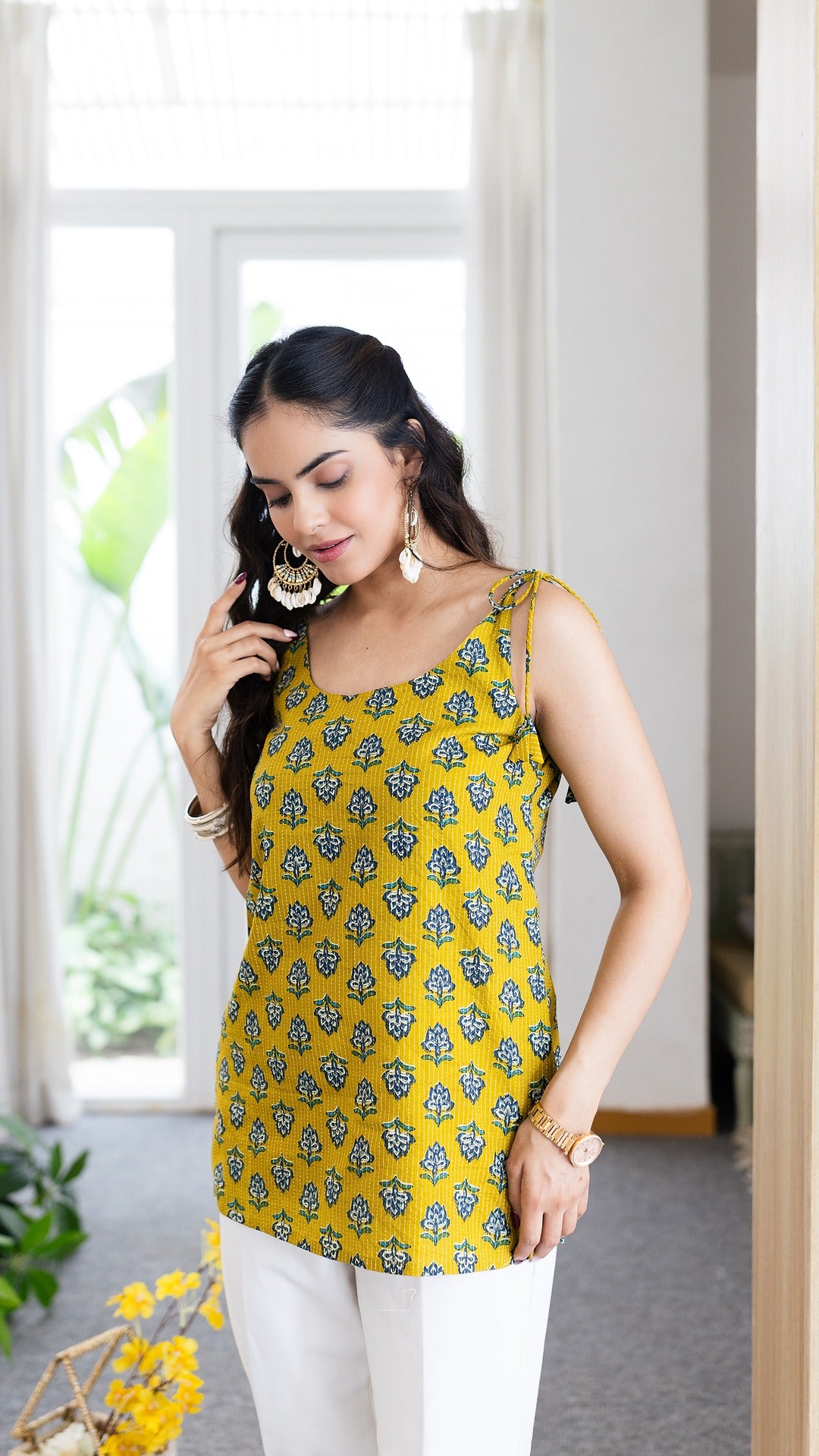 Kanak Yellow Kantha Cotton Stripes Kurti