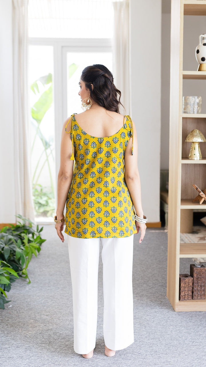 Kanak Yellow Kantha Cotton Stripes Kurti