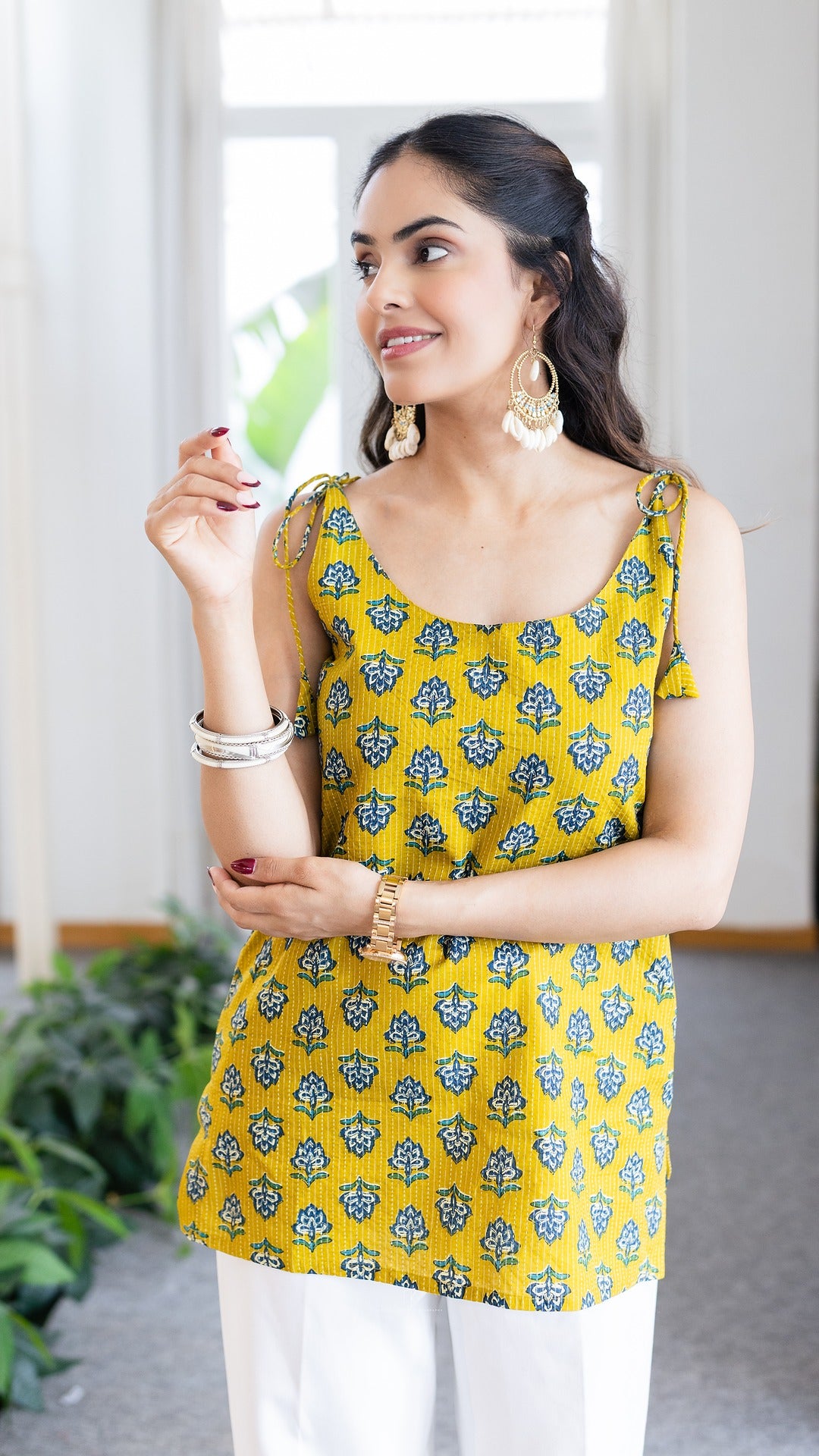 Kanak Yellow Kantha Cotton Stripes Kurti