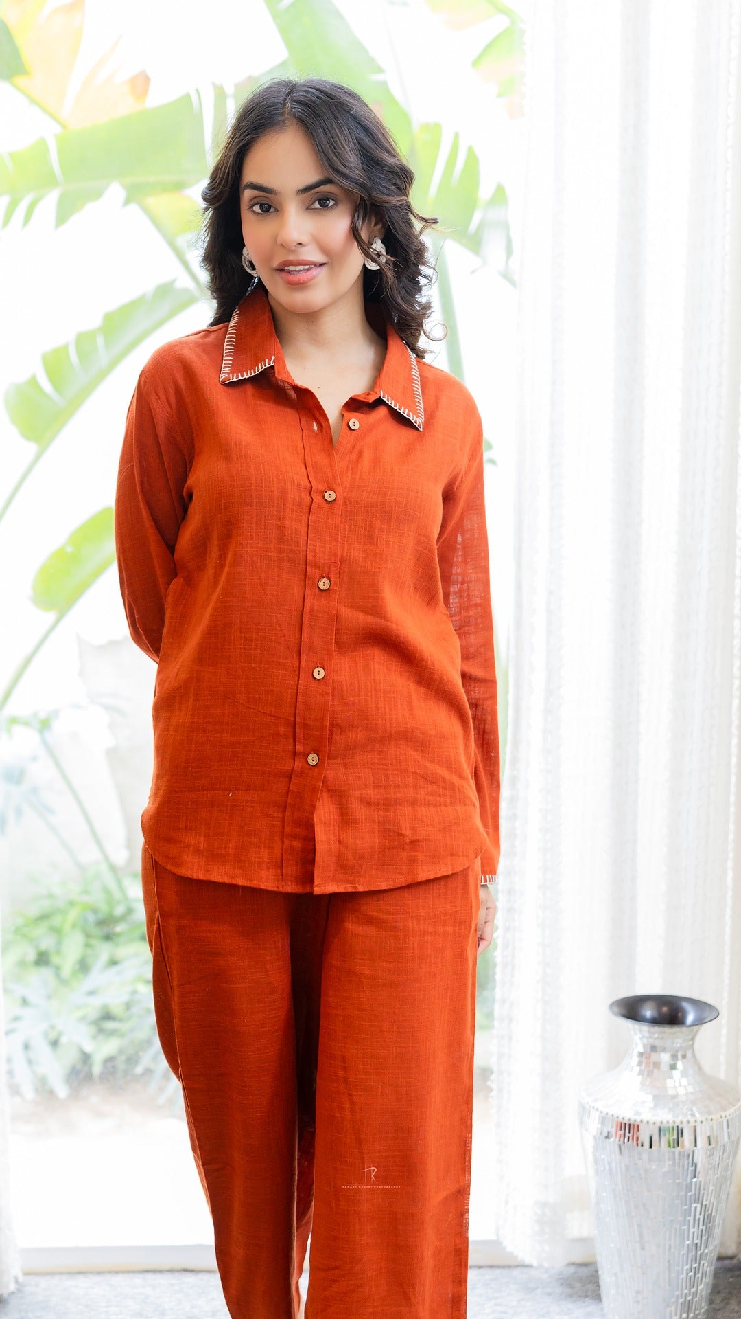 Rusty Orange Breeze Cotton Linen Embroidery Co-ord Set