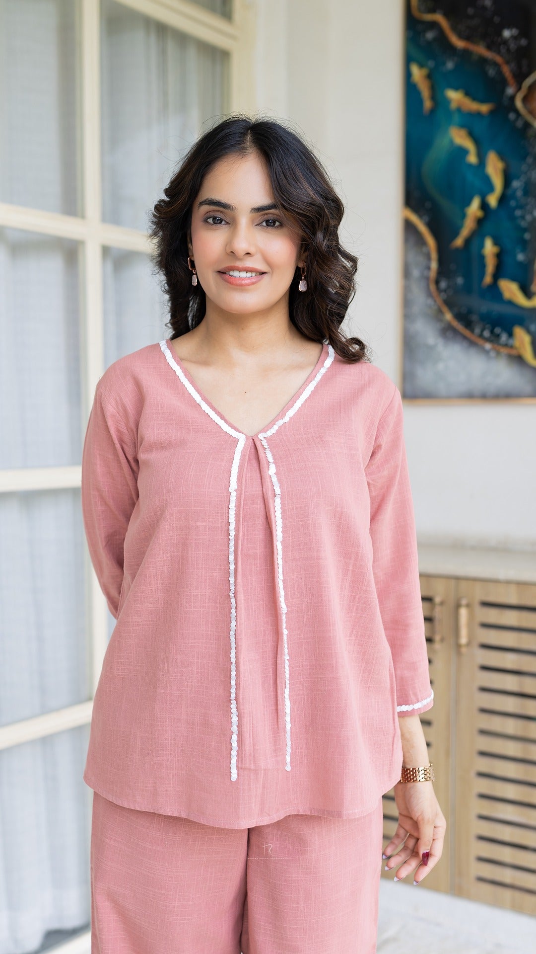 Blush Pink V Neck Cotton Linen Embroidery Co-ord Set
