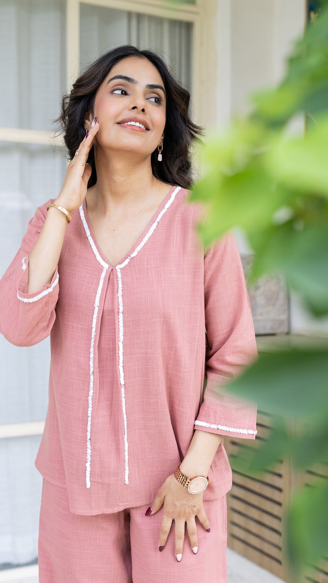 Blush Pink V Neck Cotton Linen Embroidery Co-ord Set