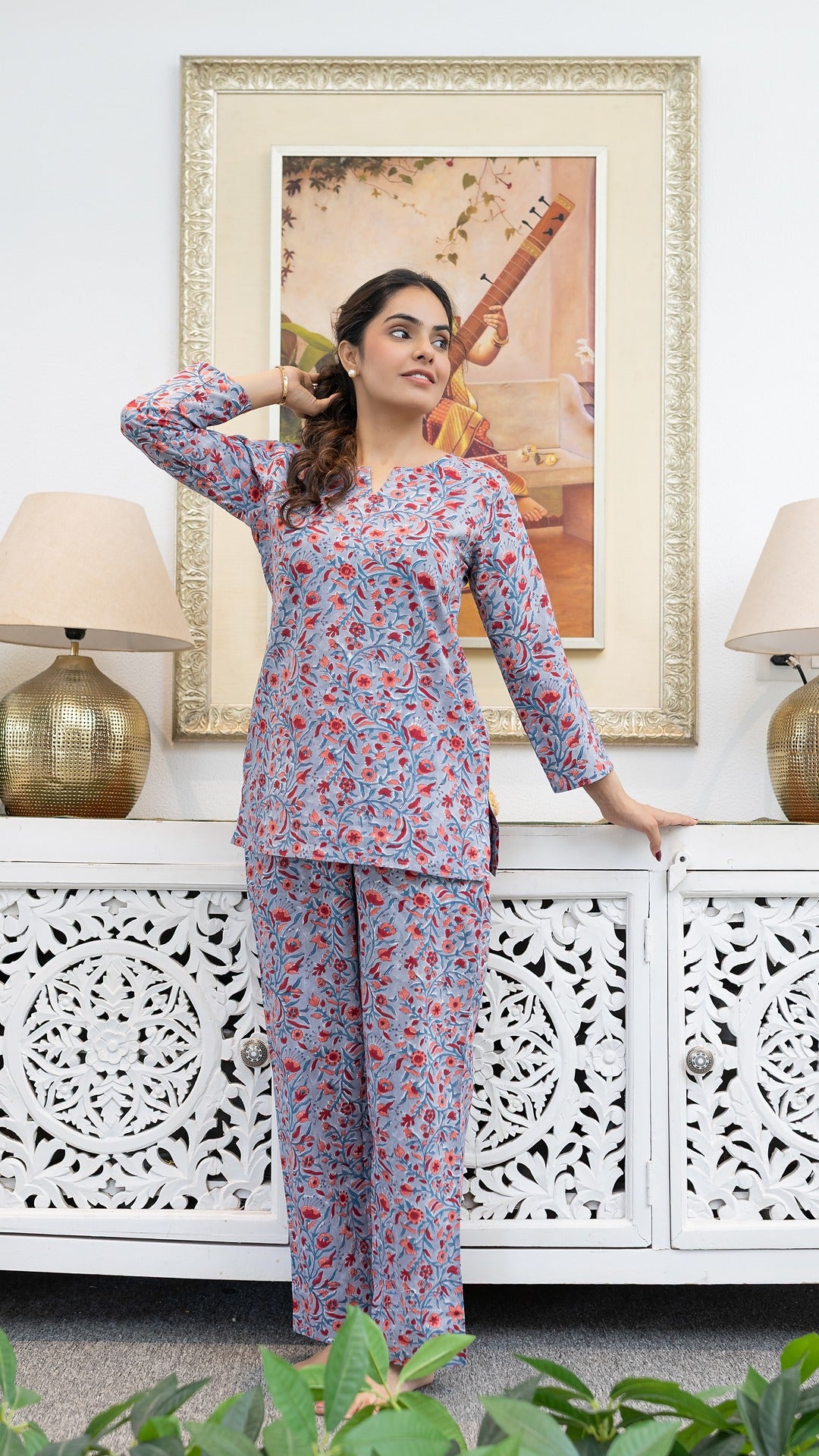 Blossom Mist Sky Grey Cotton Handblock Co-ord Set