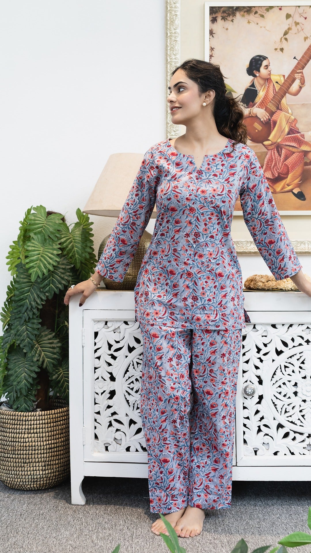 Blossom Mist Sky Grey Cotton Handblock Co-ord Set