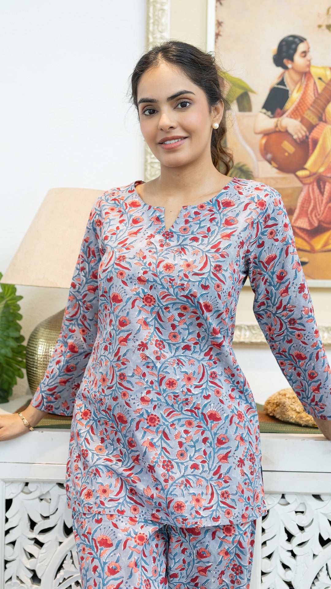 Blossom Mist Sky Grey Cotton Handblock Co-ord Set