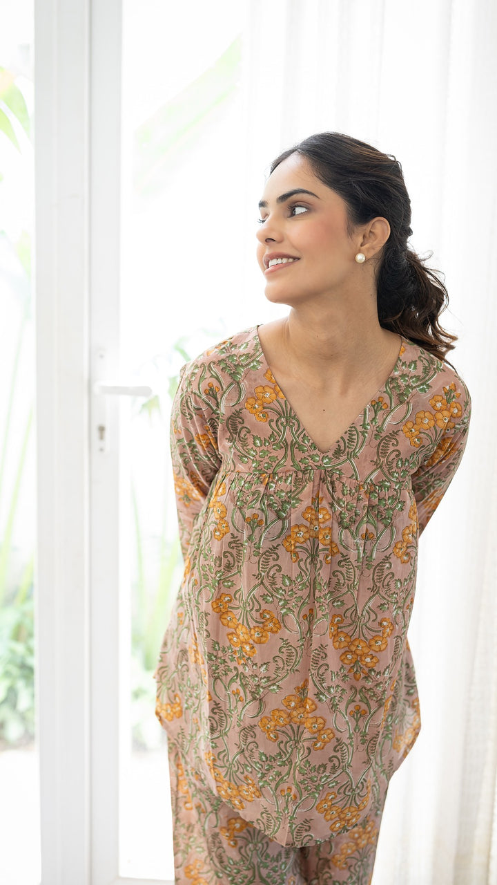Peachy Groove Floral Hand Block Print Co-ord