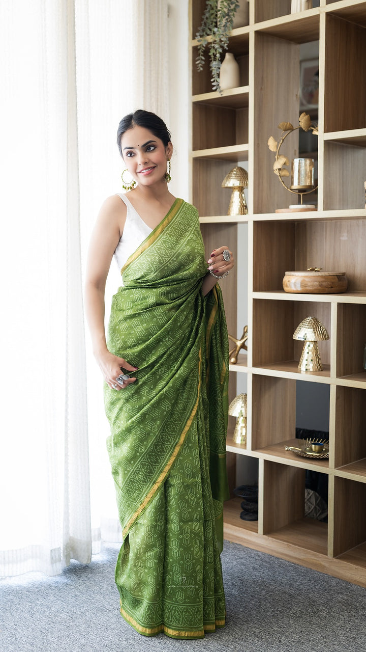 Tulsi Green Maheshwari Cotton Silk Saree