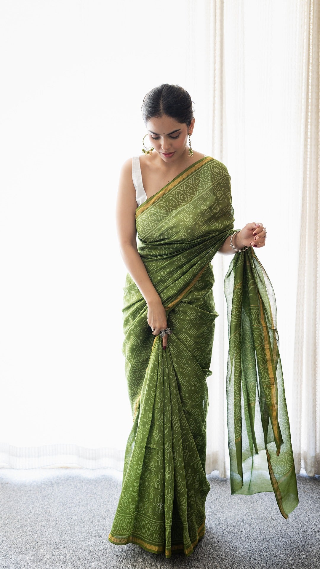 Tulsi Green Maheshwari Cotton Silk Saree