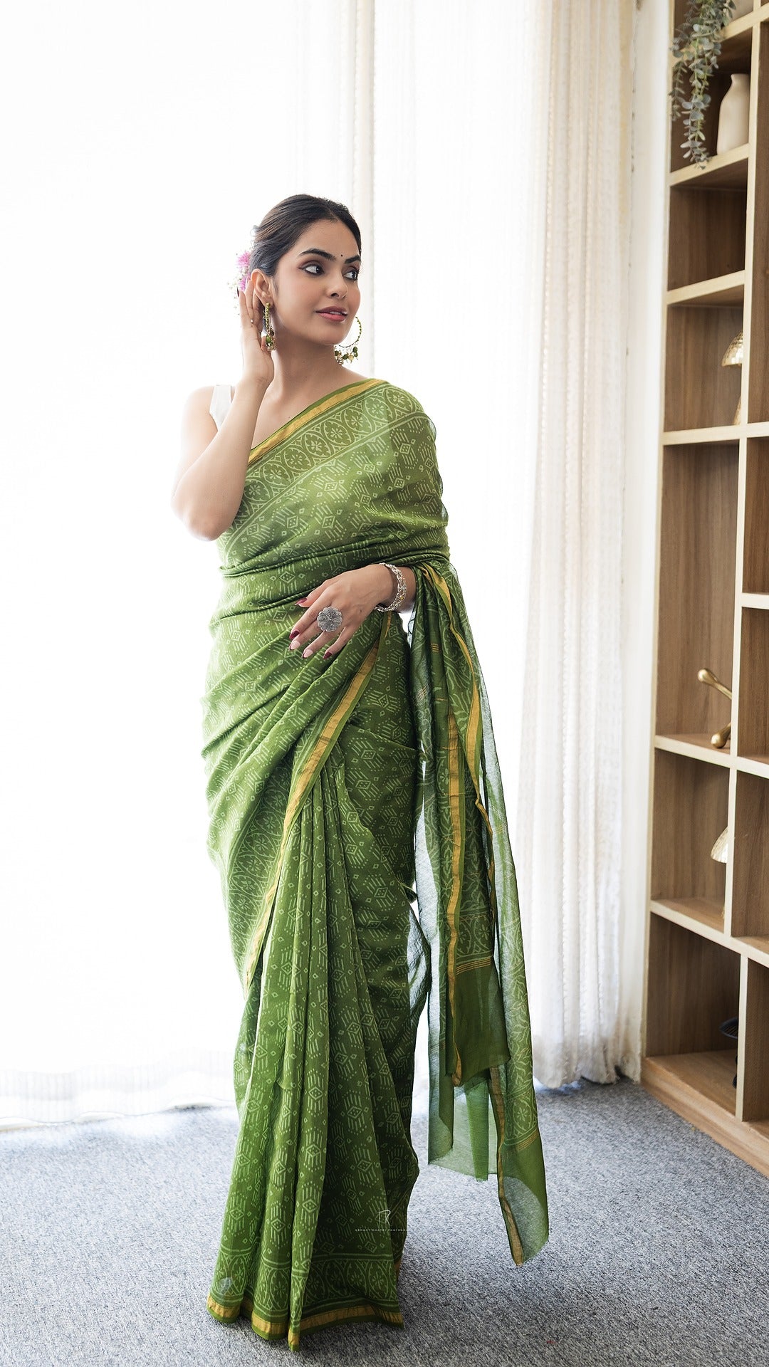 Tulsi Green Maheshwari Cotton Silk Saree
