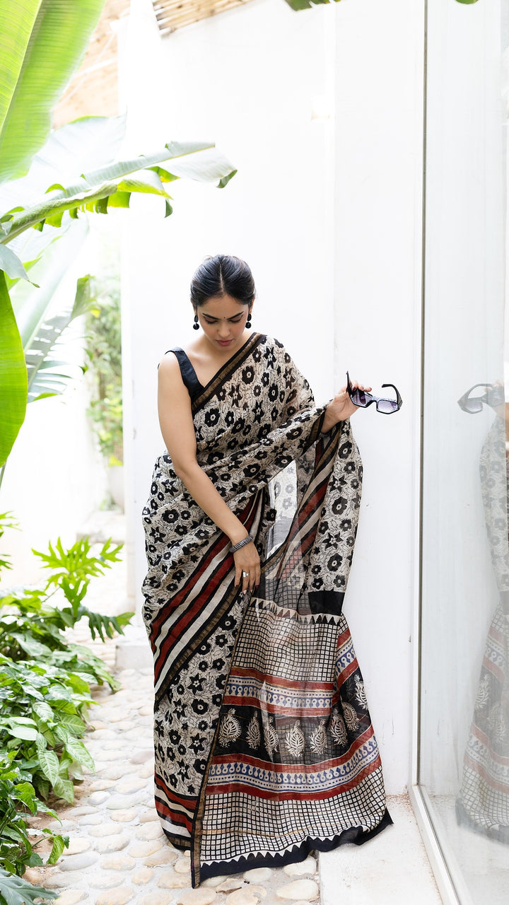 Mira Black and Maroon Floral Maheshwari Silk Hand Block Print Saree