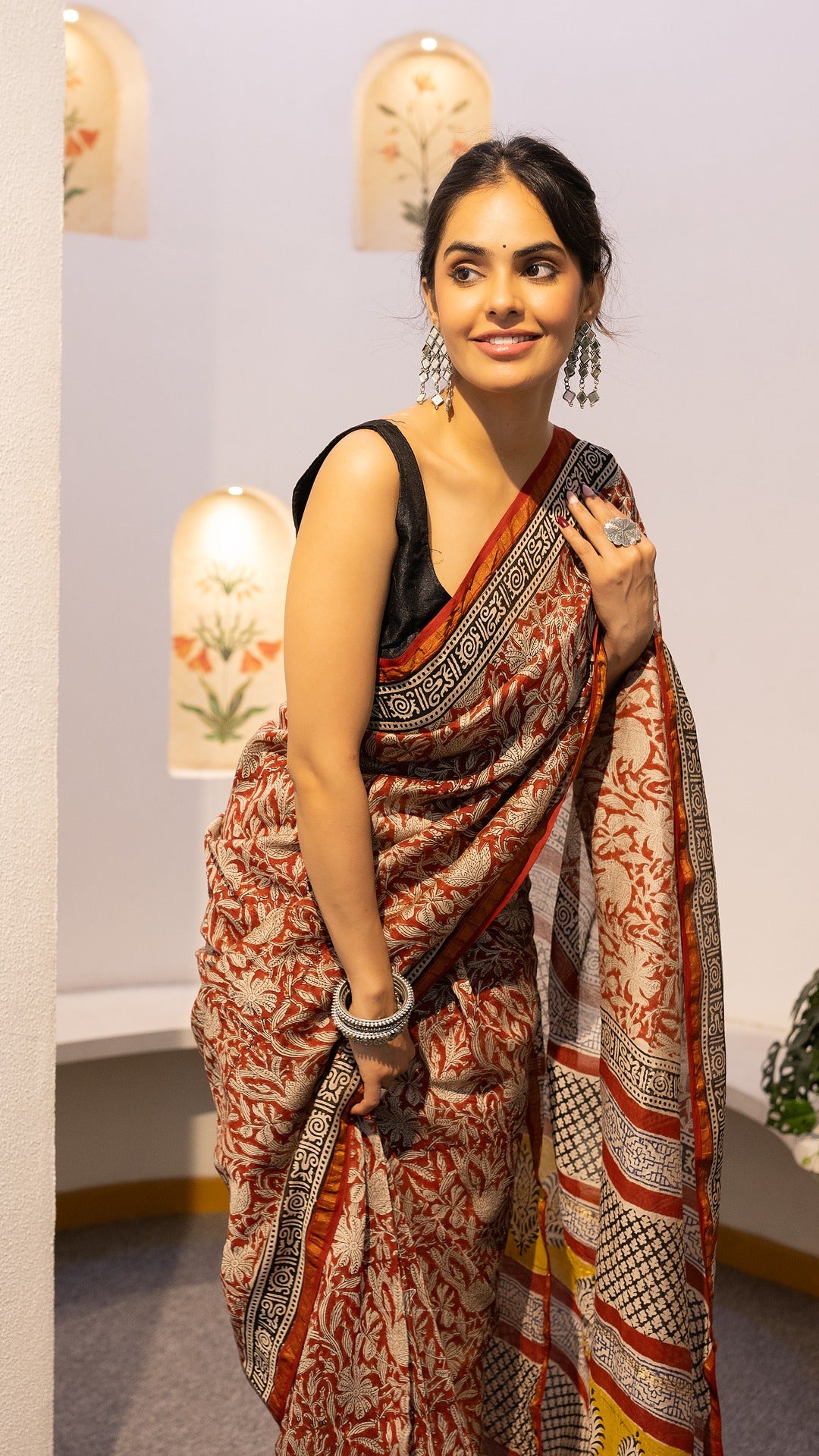 Vasundhara Maroon and Black Maheshwari Cotton Silk Saree