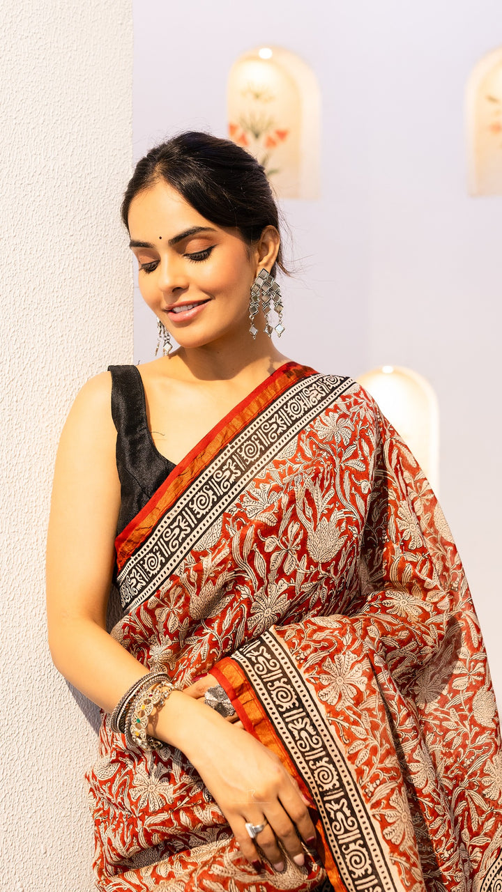 Vasundhara Maroon and Black Maheshwari Cotton Silk Saree