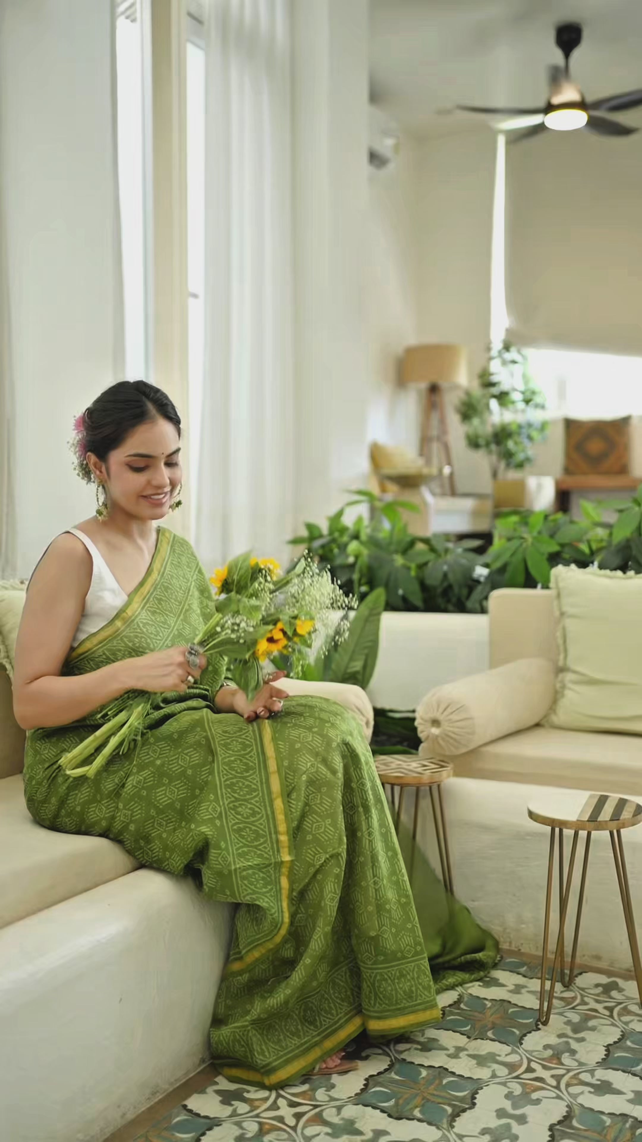 Tulsi Green Maheshwari Cotton Silk Saree