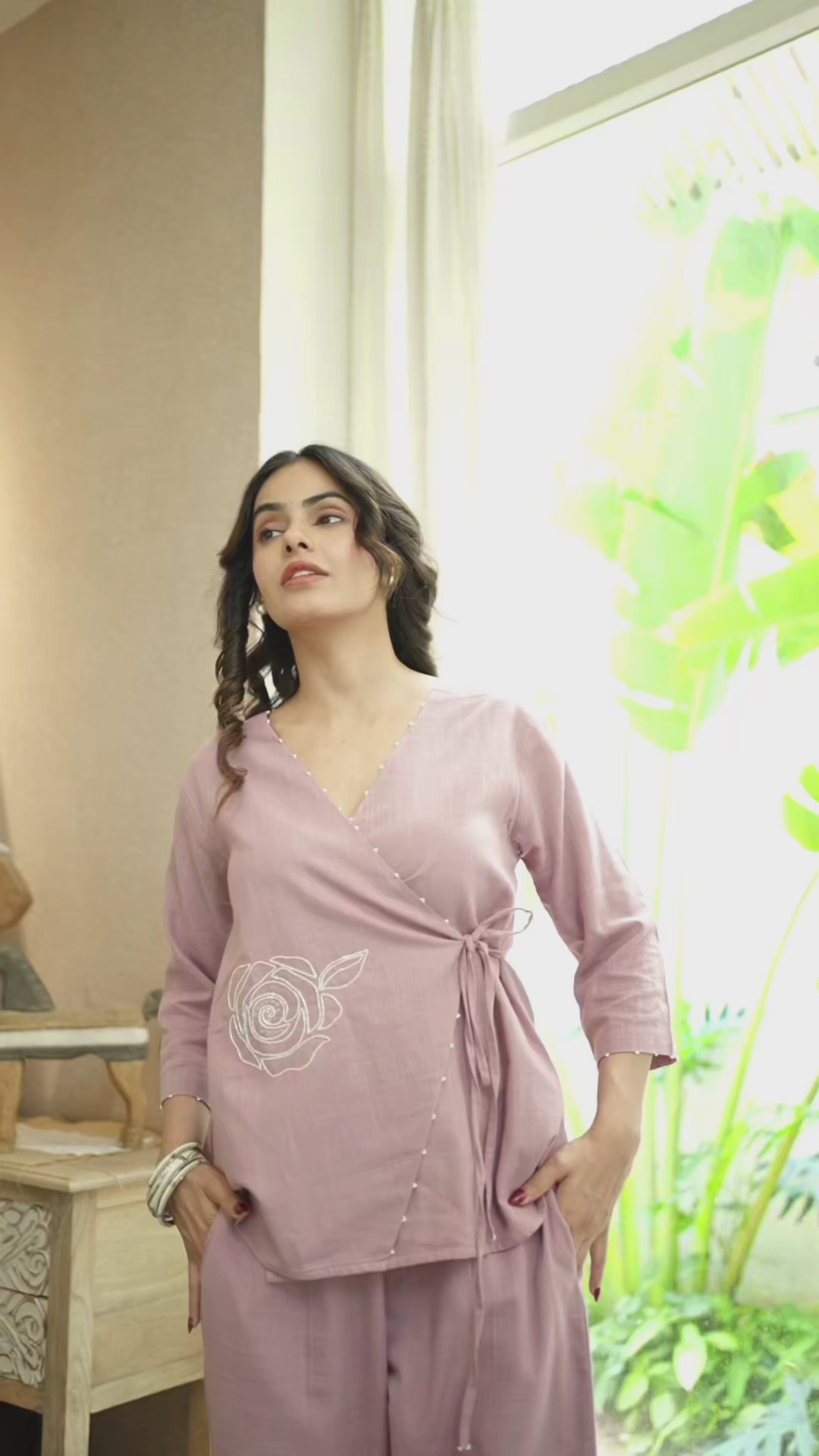 Lilac Bloom Wrap Style Cotton Linen Co-ord Set