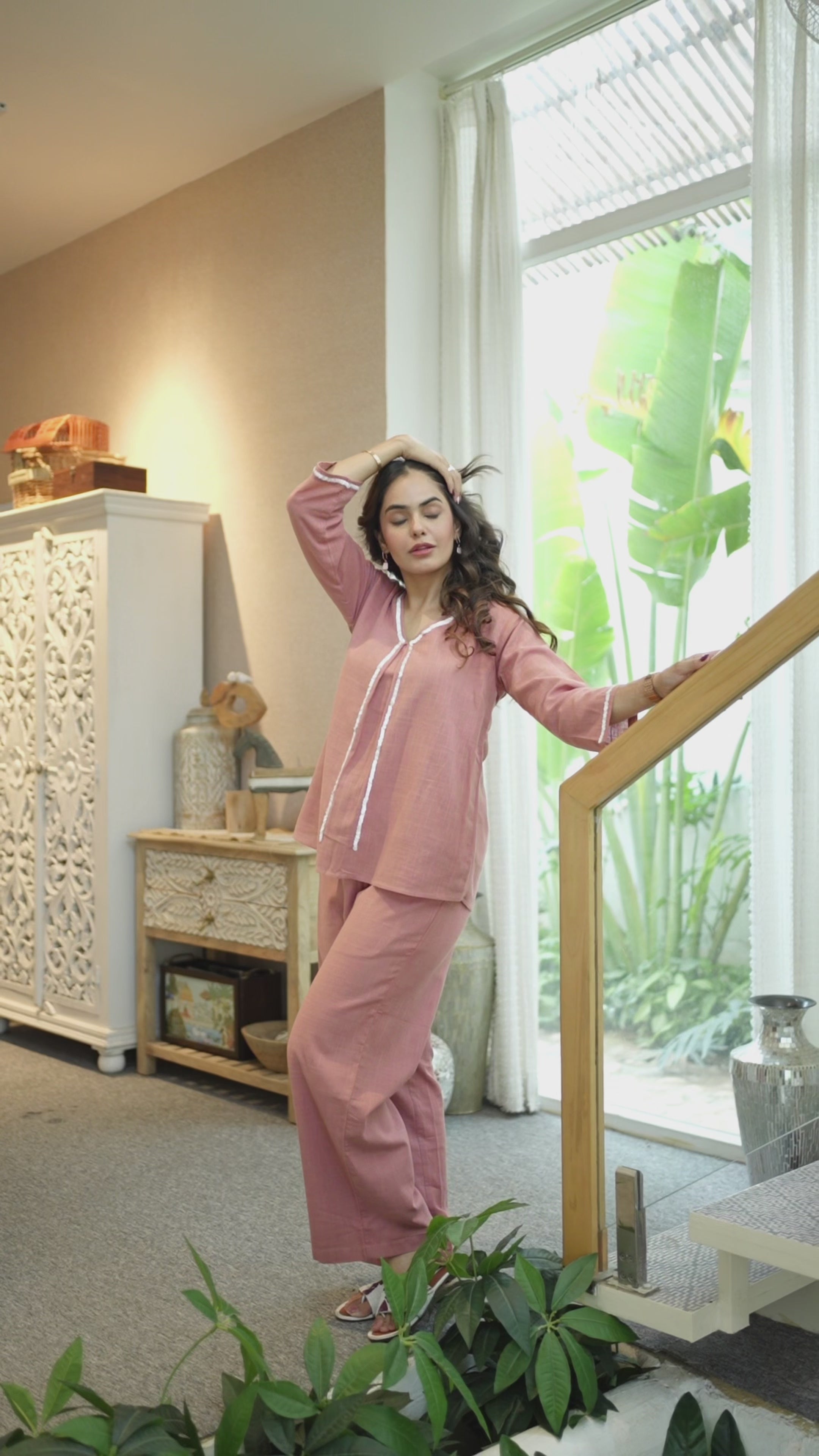 Blush Pink V Neck Cotton Linen Embroidery Co-ord Set